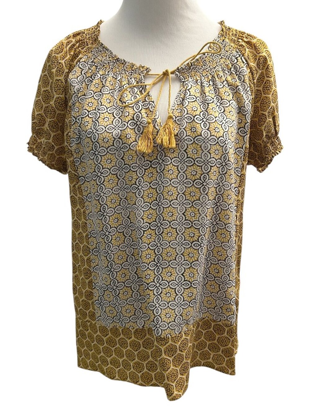 Joie Women's Size S Peasant Geometric Print 100% Silk Top Blouse Short Sleeve
